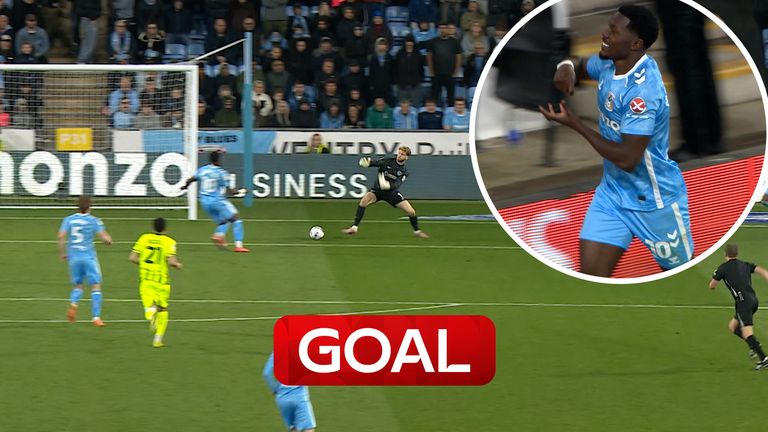 Ephron Mason-Clark puts Coventry 2-0 ahead after finding himself in front of an open goal after Portsmouth's goalkeeper Nicolas Schmidt ponders on the ball in his six-yard box. 