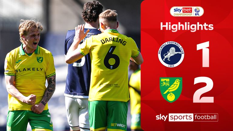 Norwich City's Pelle Mattsson and Harry Darling celebrate victory at full time in the Sky Bet Championship match at The Den, Millwall