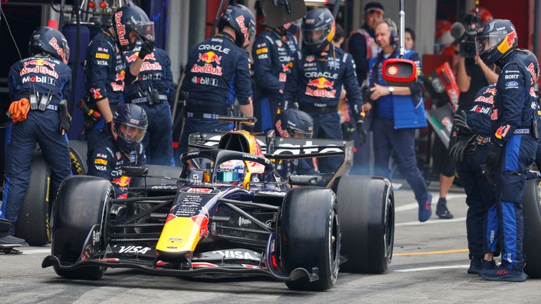 Red Bull driver Max Verstappen of the Netherlands steers his car out of pit lane during the Japanese Formula One Grand Prix in Suzuki, Japan, Sunday, March 29, 2026. (Franck Robichon.../Pool Photo via AP)