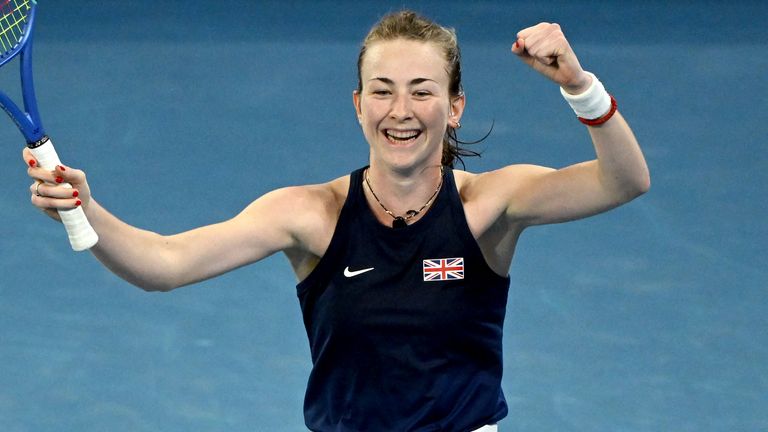 Britain's Mika Stojsavljevic celebrates winning her women's singles match against Australia's Talia Gibson during the Billie Jean King Cup tennis tie between Australia and Britain in Melbourne on April 10, 2026. (Photo by William WEST / AFP) / --IMAGE RESTRICTED TO EDITORIAL USE - STRICTLY NO COMMERCIAL USE--
