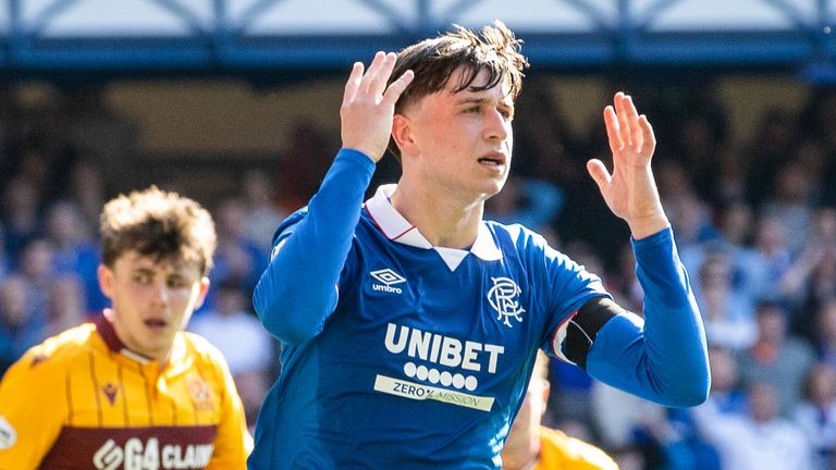 GLASGOW, SCOTLAND - APRIL 26: Rangers' Mikey Moore looks dejected after missing a chance during a William Hill Premiership match between Rangers and Motherwell at Ibrox Stadium, on April 26, 2026, in Glasgow, Scotland. (Photo by Alan Harvey / SNS Group)
