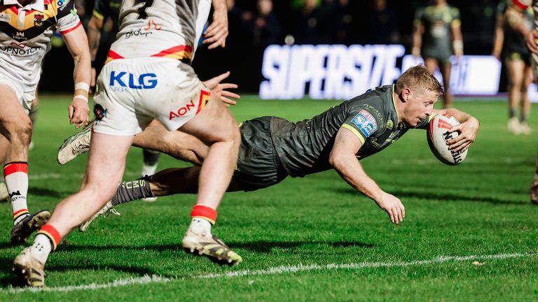 Lachie Miller of Leeds scores a try that was later not awarded