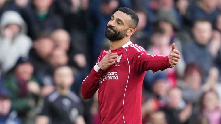 Liverpool's Mohamed Salah celebrates after scoring his side's second goal (AP Photo/Jon Super)