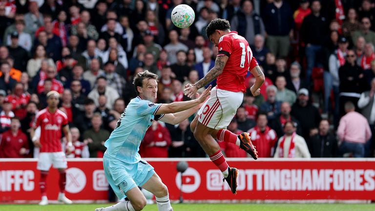 Morgan Gibbs-White completes his hat-trick with a towering header to give Nottingham Forest a 3-1 lead against Burnley