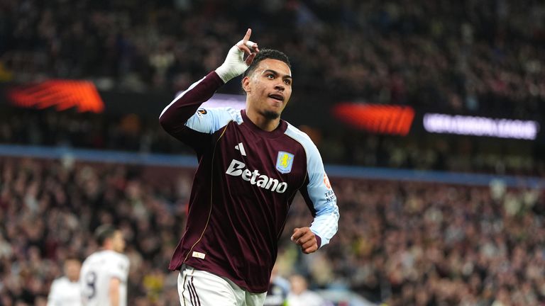 Morgan Rogers celebrates putting Aston Villa three up against Bologna in the second leg of their Europa League quarter-final