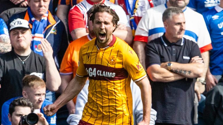 GLASGOW, SCOTLAND - APRIL 26: Motherwell's Lukas Fadinger after scoring to make it 1-0 during a William Hill Premiership match between Rangers and Motherwell at Ibrox Stadium, on April 26, 2026, in Glasgow, Scotland. (Photo by Rob Casey / SNS Group)