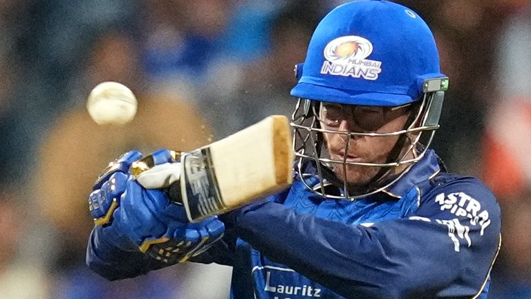 Mumbai Indians' Mitchell Santner plays a shot 