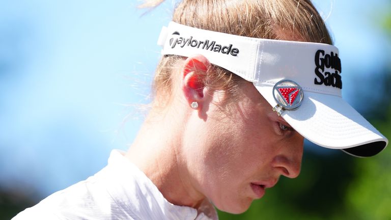 LAS VEGAS, NV - APRIL 05: From left to right LPGA golfer Nelly Korda walks off the 9th hole during the final round of the Aramco Championship on April 5, 2026, at Shadow Creek Golf Course in Las Vegas, Nevada. (Photo by Brian Spurlock/Icon Sportswire) (Icon Sportswire via AP Images)