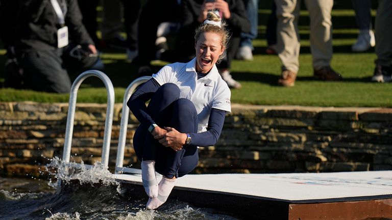 Nelly Korda jumped into the champions pond after winning the Chevron Championship back in 2024