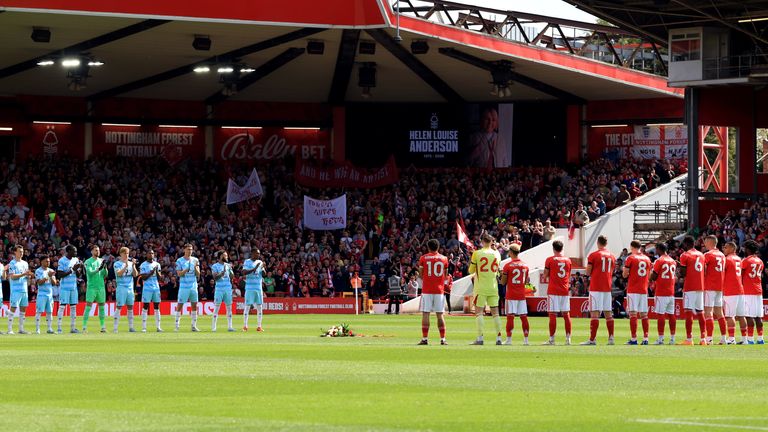 Nottingham Forest's Elliot Anderson following a moments applause in memory of his Mum, Helen Anderson, ahead of the Premier League match at 