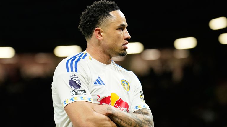 Leeds' Noah Okafor celebrates after scoring against Manchester United