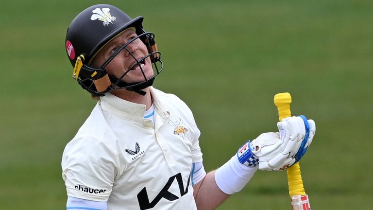 Ollie Pope reacts to a cheap dismissal for Surrey in the County Championship (Getty Images)