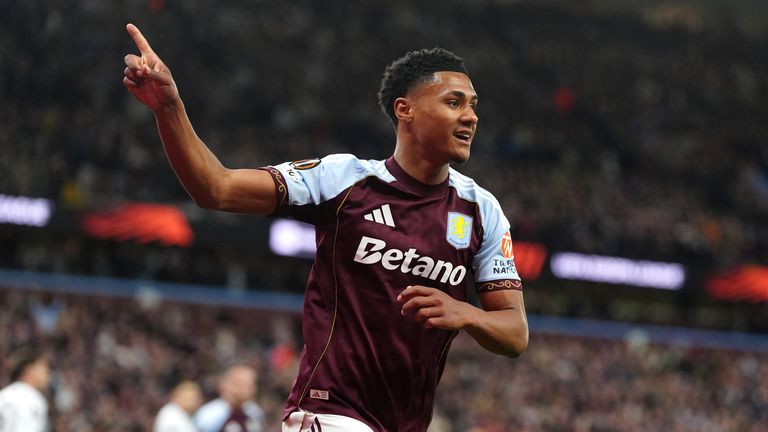 Ollie Watkins celebrates after scoring for Aston Villa against Bologna