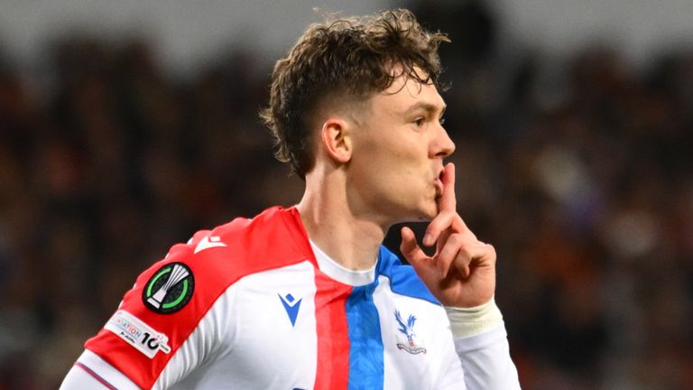 Crystal Palace's Jorgen Strand Larsen celebrates scoring the third goal against Shakhtar Donetsk