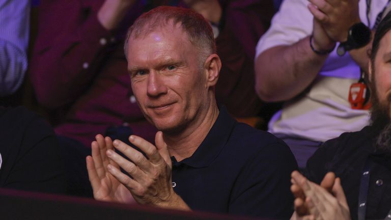 Former footballer Paul Scholes watches the Ronnie O'Sullivan vs He Guoqiang match on day five of the Halo World Snooker Championship 2026 at