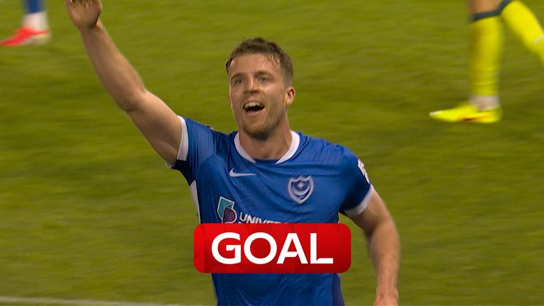 Conor Shaughnessy heads in from close range after fighting off George Hirst at a corner to give Portsmouth the lead. 