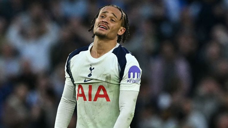 Xavi Simons shows his frustration after Spurs concede a late equaliser against Brighton