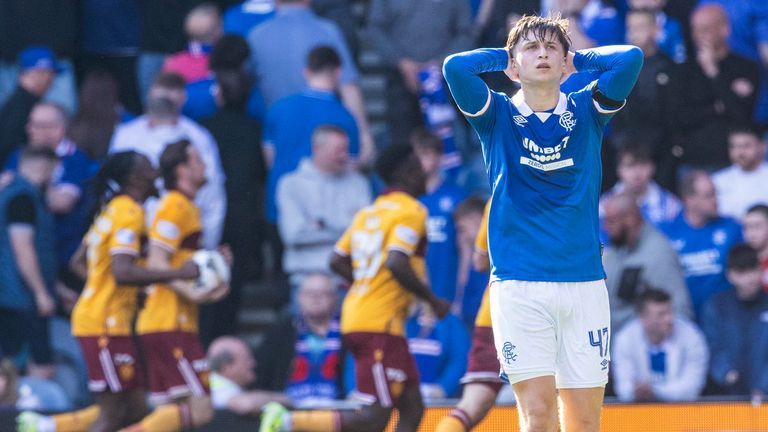 GLASGOW, SCOTLAND - APRIL 26: Rangers' Mikey Moore looks dejected after Motherwell's Emmanuel Longelo scores to make it 3-2 during a William Hill Premiership match between Rangers and Motherwell at Ibrox Stadium, on April 26, 2026, in Glasgow, Scotland. (Photo by Alan Harvey / SNS Group)