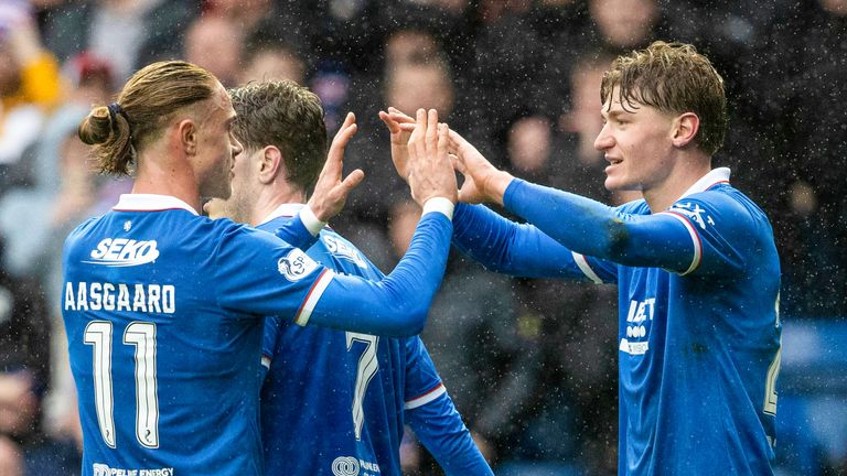 Rangers' Ryan Naderi celebrates with Thelo Aasgaard after opening the scoring
