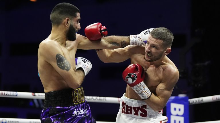 Rhys Edwards (right) in action against Gully Powar