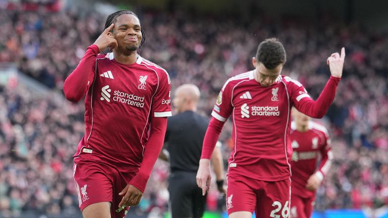 Liverpool's Rio Ngumoha celebrates after scoring his side's opening goal (AP Photo/Jon Super)