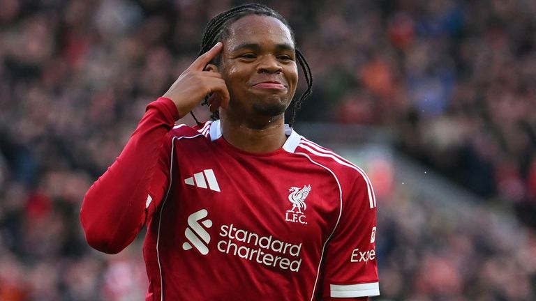 Liverpool's English striker #73 Rio Ngumoha celebrates after scoring the opening goal of the English Premier League football match between Liverpool and Fulham at Anfield in Liverpool, north west England on April 11, 2026. (Photo by ANDY BUCHANAN / AFP) / RESTRICTED TO EDITORIAL USE. No use with unauthorized audio, video, data, fixture lists, club/league logos or 'live' services. Online in-match use limited to 120 images. An additional 40 images may be used in extra time. No video emulation. Social media in-match use limited to 120 images. An additional 40 images may be used in extra time. No use in betting publications, games or single club/league/player publications. / 