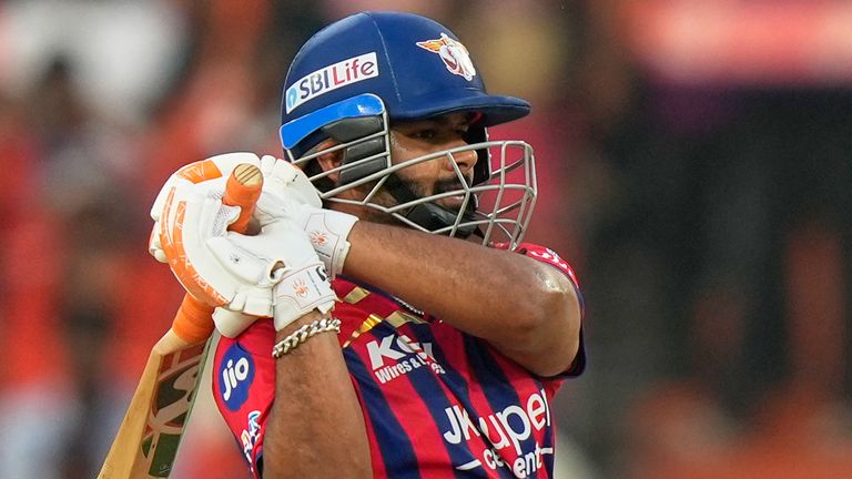 Lucknow Super Giants' captain Rishabh Pant plays a shot during the IPL (Associated Press)
