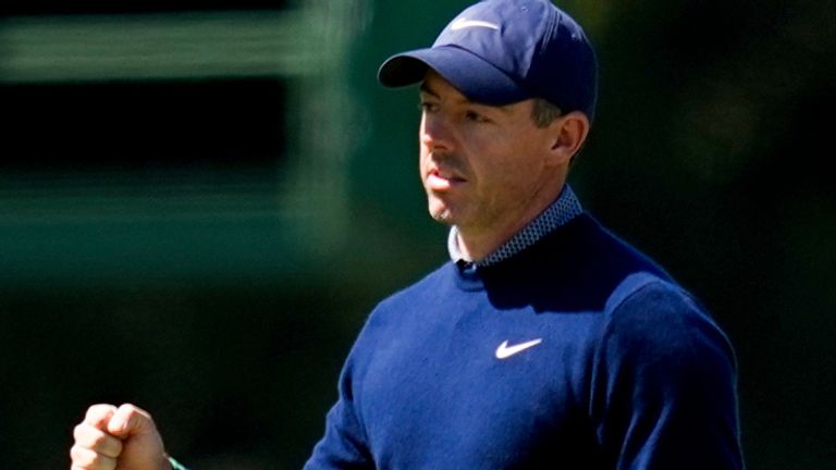 Rory McIlroy, of Northern Ireland, celebrates after a birdie on the 15th hole during the first round of the Masters