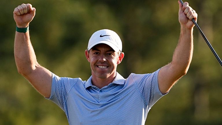 Rory McIlroy celebrates after winning The Masters