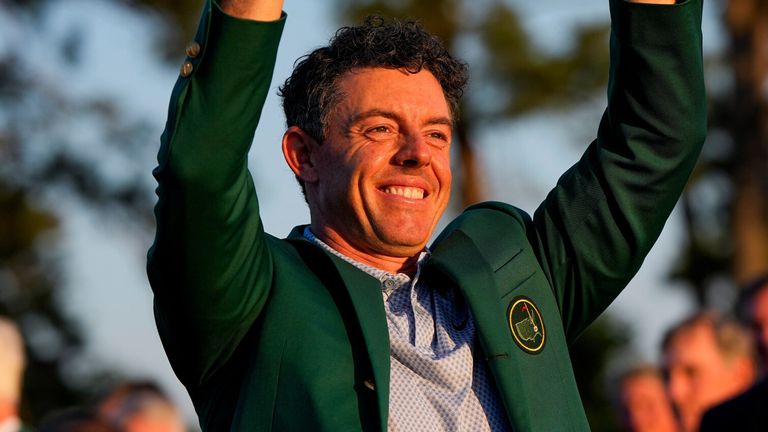 Rory McIlroy celebrates winning The Masters
