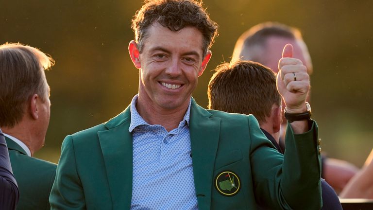 Rory McIlroy gives a thumbs up after winning The Masters