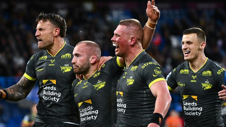 Picture by Olly Hassell/SWpix.com - 17/04/2026 - Rugby League - Betfred Super League Round 8 - Huddersfield Giants v Leeds Rhinos - Accu Stadium, Huddersfield, England - Jarrod O'Connor of Leeds celebrating his try