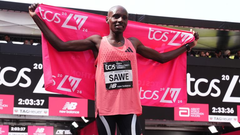 Sabastian Sawe after winning the Men's elite race during the 2026 TCS London Marathon. Picture date: Sunday April 26, 2026.