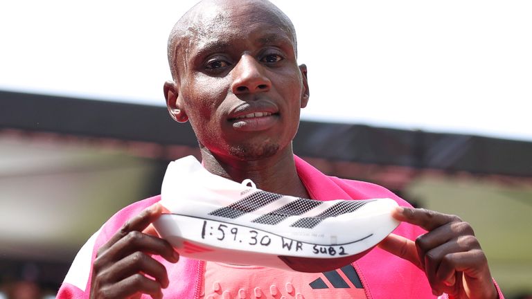 Sabastian Sawe of Kenya at the 2026 London Marathon after becoming the first person to run a sub-2-hour marathon (AP Photo/Ian Walton)