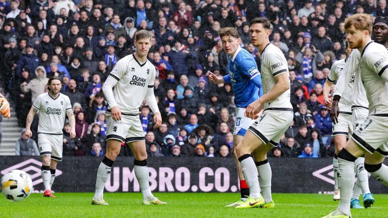 Ryan Naderi heads narrowly wide in the opening minutes of Rangers' Scottish Premiership clash with Dundee United