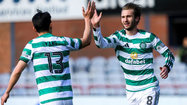 Benjamin Nygren celebrates with Yang Hyun-Jun after giving Celtic the lead at Dundee