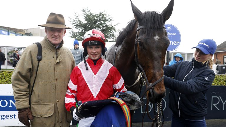 Sean Cleary-Farrell celebrates with trainer Willie Mullins after winning Leopardstown's RYBO Handicap Hurdle aboard Kalix Delabarriere