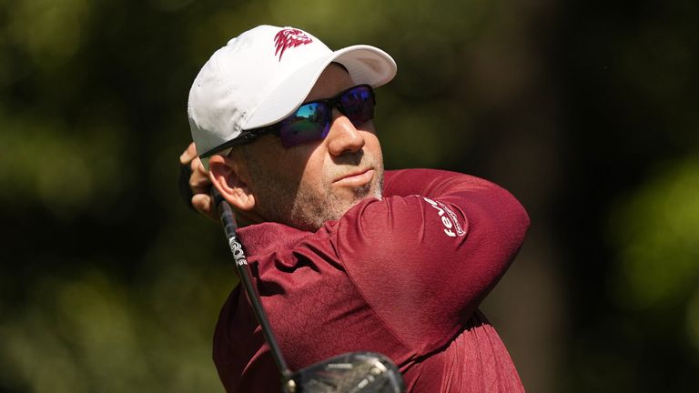 Sergio Garcia, of Spain, watches his tee shot on the 11th hole during the first round of the Masters golf tournament at the Augusta National Golf Club, Thursday, April 9, 2026, in Augusta, Ga. (AP Photo/Gerald Herbert)