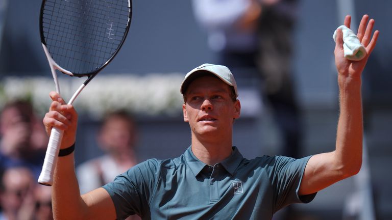 Jannik Sinner of Italy reacts after defeating Cameron Norrie of Britain in their round of 16 match at the Madrid Open tennis tournament in Madrid, Tuesday, April 28, 2026. (AP Photo/Manu Fernandez)