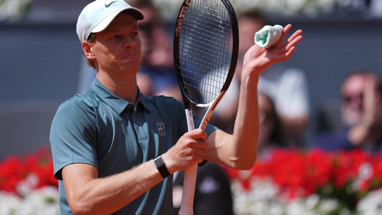 Jannik Sinner reacts after defeating Cameron Norrie at the Madrid Open tennis tournament