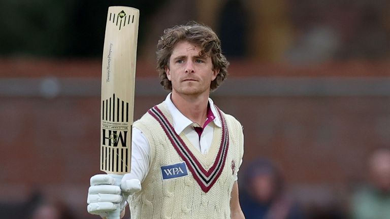 Somerset's Tom Abell celebrates scoring a century on day one of the Rothesay County Championship match against Notts