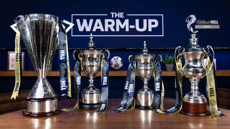 GLASGOW, SCOTLAND - JUNE 20: The William Hill Premiership trophy, William Hill Championship trophy, William Hill League 1 trophy and the William Hill League 2 trophy (L-R) during a William Hill fixture launch event at Four Winds Pavilion, Pacific Quay on June 20, 2025, in Glasgow, Scotland. (Photo by Craig Foy / SNS Group)