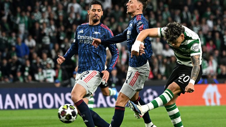 Sporting Lisbon's Maximiliano Araujo (right) attempts a shot towards goal during the UEFA Champions League quarter final, first leg match