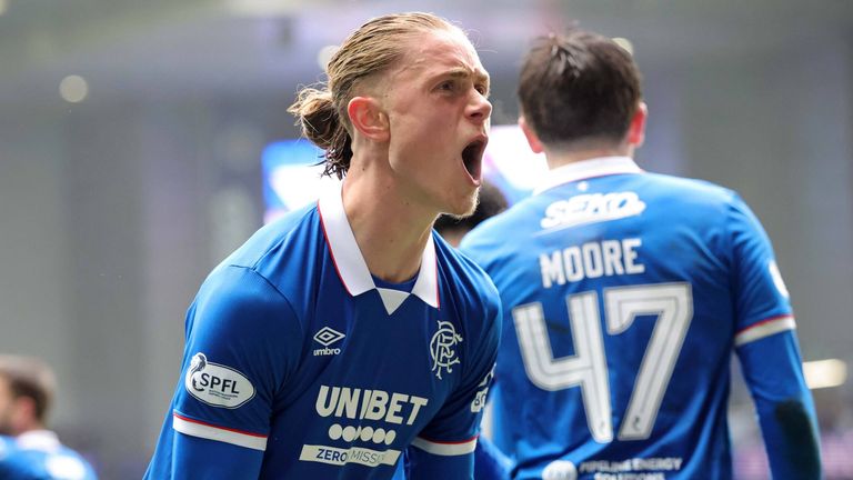 Thelo Aasgaard celebrates after restoring Rangers' two-goal lead against Dundee United
