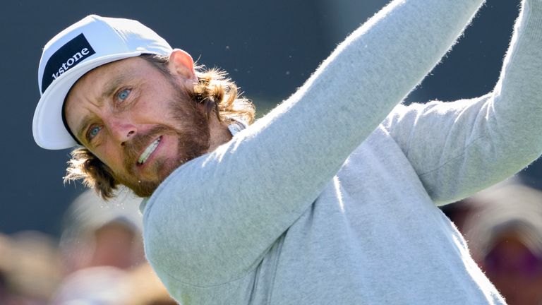 Tommy Fleetwood plays a stroke during the first round of The Masters at Augusta National
