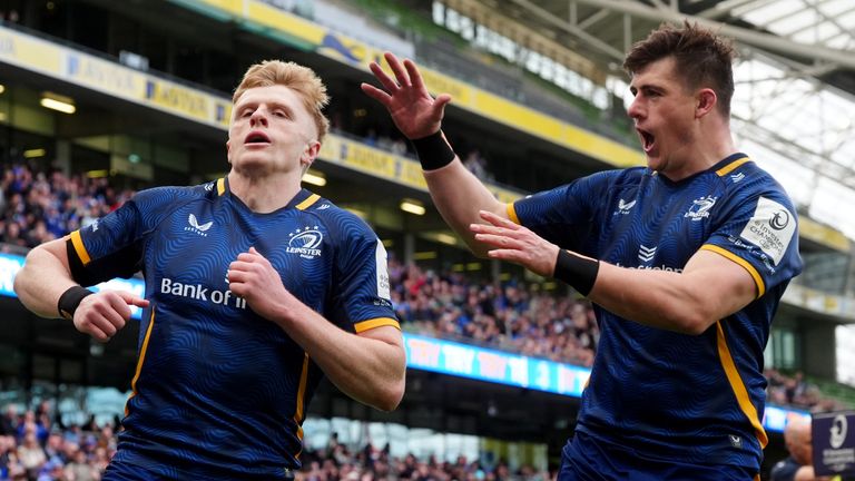  Tommy O'Brien (left) celebrates with Dan Sheehan after scoring Leinster's first try