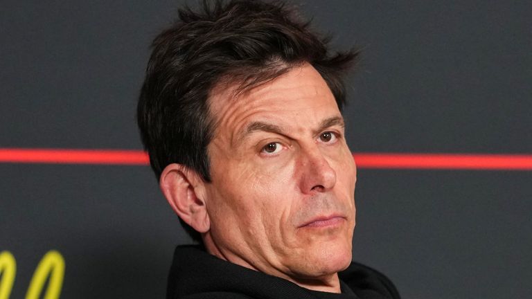 Mercedes team principal Toto Wolff reacts during the Team Principal's press conference at the Australian Formula One Grand Prix at Albert Park, in Melbourne, Australia, Friday, March 6, 2026. (AP Photo/Scott Barbour)