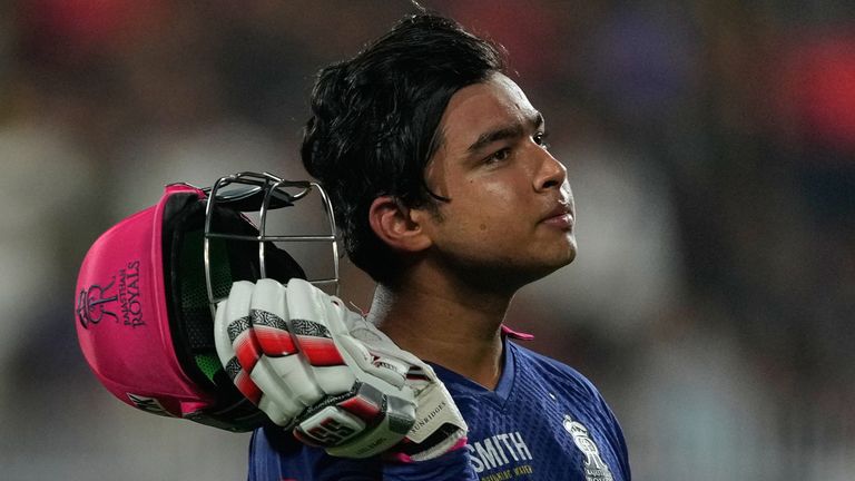 Rajasthan Royals' Vaibhav Sooryavanshi leaves the ground after losing his wicket during the Indian Premier League cricket match between Royal Challengers Bengaluru and Rajasthan Royals in Guwahati, India, Friday, April 10, 2026. (AP Photo/Anupam Nath)