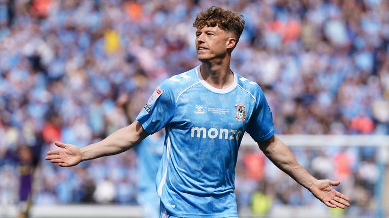 Victor Torp celebrates after scoring a free kick to restore Coventry's lead over Wrexham