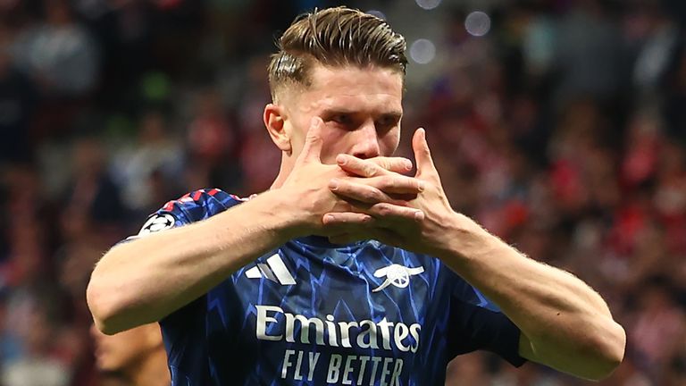 Viktor Gyokeres celebrates after scoring for Arsenal against Atletico Madrid